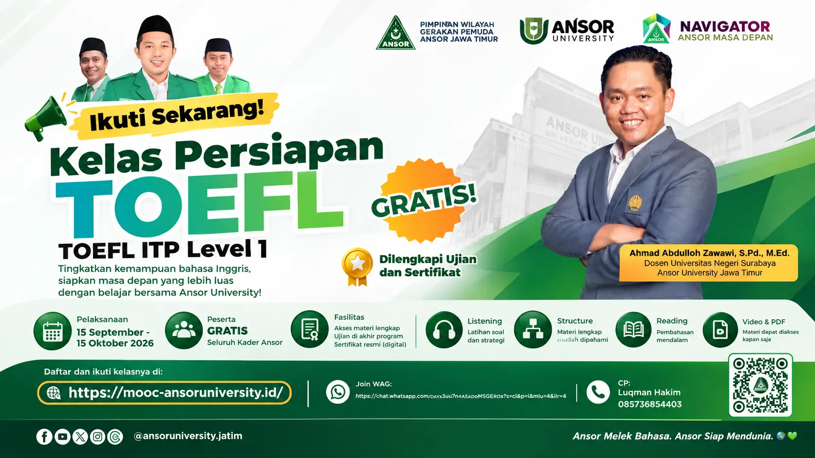 Kelas TOEFL ITP Gratis untuk Kader Ansor Dibuka Ansor University Jawa Timur